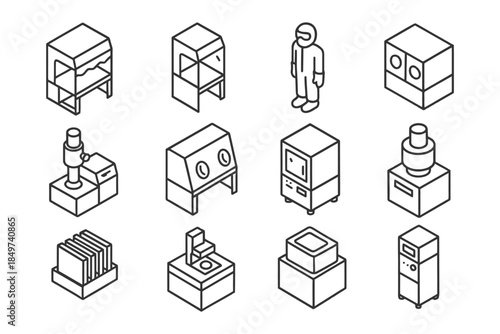 Isometric line art of laboratory equipment with scientist figure.