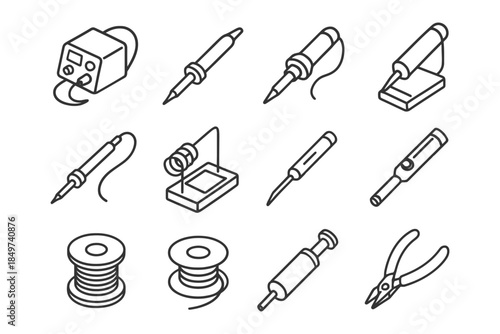 Vector icons of soldering tools: soldering iron, solder wire, pliers, and accessories.