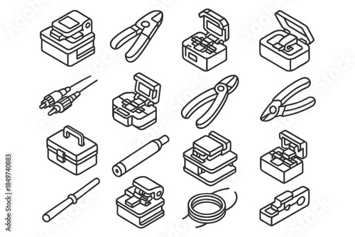 Set of fiber optic tools and equipment illustrations in simple outline style.