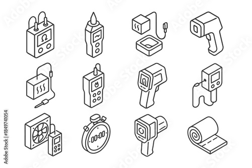 Collection of isometric electronic measurement tools vector icons.