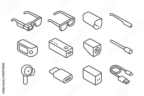 Set of technology gadgets with smart glasses, cameras, and charging devices.