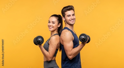 Man and woman holding dumbbells smiling on yellow background couple fitness