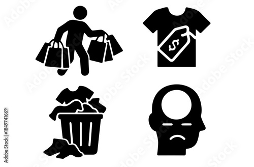 Consumerism and Overconsumption Black and White Silhouette Icon Set