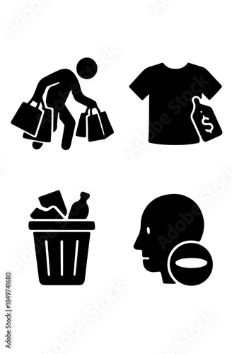 Consumerism and Overconsumption Black and White Silhouette Icon Set