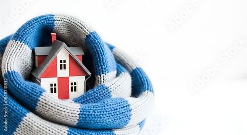 Miniature red and white house wrapped in blue and gray knitted scarf home model