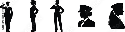 Female police officer silhouettes set, woman law enforcement poses, uniformed security profiles, black isolated vector illustration, authority profession icons, collection