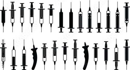 Medical syringe silhouettes set, injection needle icons, healthcare vaccination tools, hospital equipment illustration, black isolated vector collection, minimal, clean, design