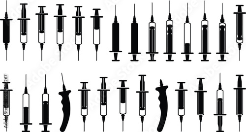 Medical syringe silhouettes set, injection needle icons, healthcare vaccination tools, hospital equipment illustration, black isolated vector collection