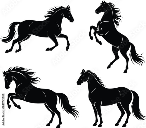 Running horse silhouettes set, wild stallion poses, equine animal figures, black isolated vector illustration, dynamic nature design elements, collection, artwork