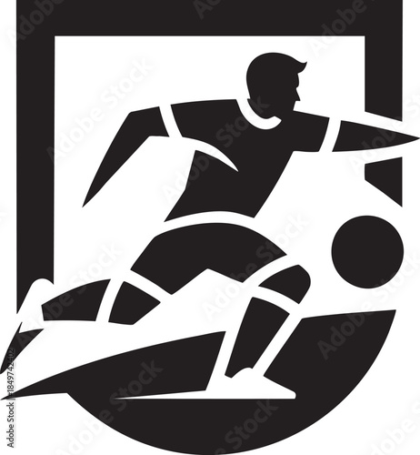 Dynamic soccer player kicking ball inside goal frame bold black silhouette football action icon vector