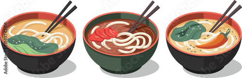 Three bowls of hot noodle soup with chopsticks and garnishes like vegetables and chili vector illustration