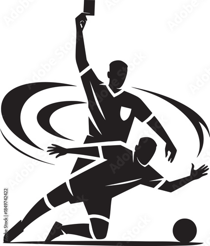 Football referee showing red card for foul tackle, soccer match decision moment in bold black and white vector