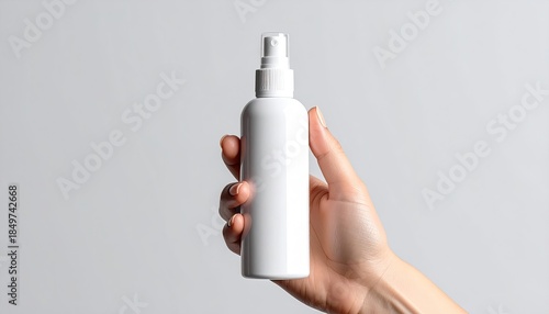 Hand holds white spray bottle against a soft gray backdrop, product focused