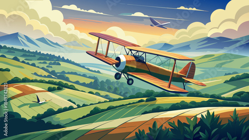 Very beautiful vintage biplane flying above scenic countryside, evoking early aviation nostalgia with open skies, rural landscapes, and a timeless sense of adventure and freedom.