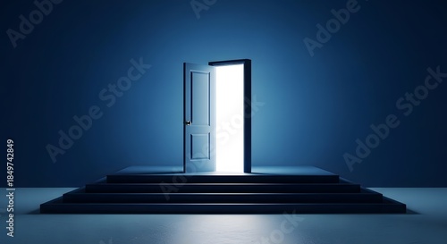 Open door emitting bright light on dark blue steps and wall glowing