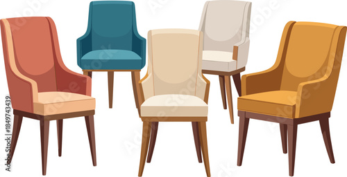 Modern Upholstered Armchairs Set with Wooden Legs for Interior Furniture Design Illustration