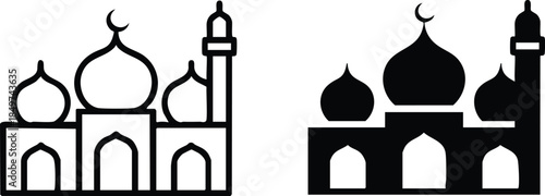 Mosque Architecture Icons, Dome and Minaret Graphics, Cultural Landmark Symbols, Masjid Outline and Solid Icons, Islamic Temple Silhouettes, silhouette, illustration, vector