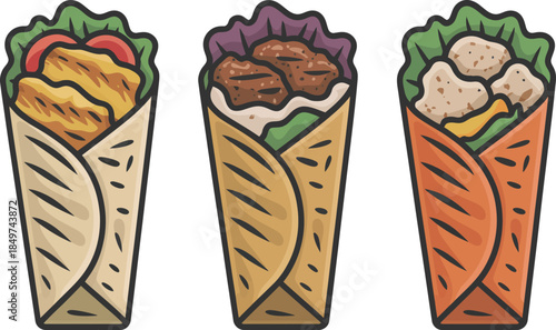 Three savory wraps or burritos with various fillings including chicken, meat, and vegetables, ready to eat