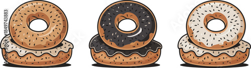 Three stacks of delicious glazed and sprinkled donuts isolated on transparent background