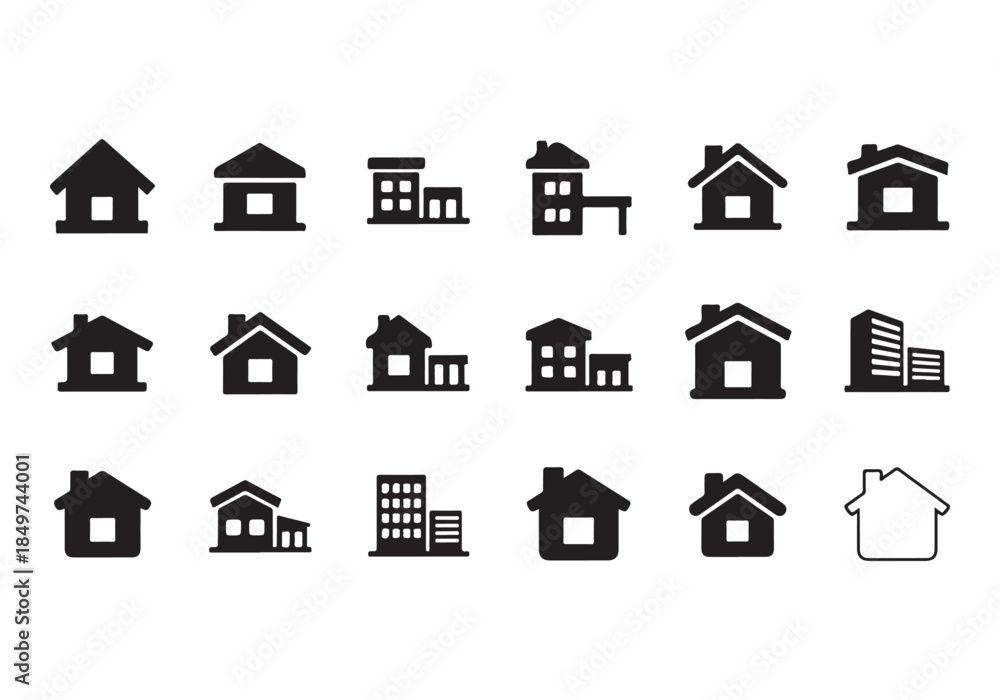 Fototapeta premium House Icon Silhouette Vector Set – Minimal Home Building Symbols Collection Isolated on White Background