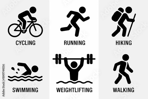 Cycling, Running, Hiking, Swimming, Weightlifting, And Walking Icons for Active Life