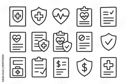 Healthcare icons set: medical forms, heartbeat, insurance, and checkmarks.
