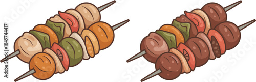 two skewers of grilled meat and vegetables, cartoon style barbecue food illustration