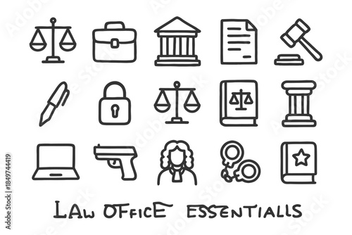 Law office essentials icons including scales, gavel, documents, and more.