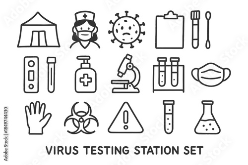 Virus testing station icons set including medical equipment and protective gear.