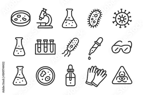 Laboratory equipment and microbiology icons featuring virus and bacteria symbols.