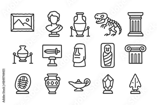 Historical artifacts and iconic symbols: ancient vases, sculptures, fossils, and columns.