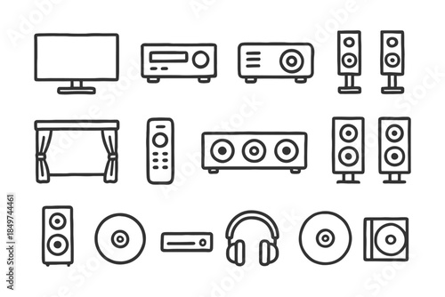 Home entertainment icons: tv, speakers, remote, headphones.