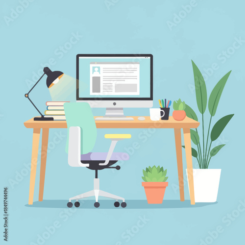 Modern home workspace with desktop computer, ergonomic chair, and indoor plants for a productive