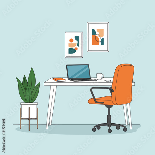Modern minimalist workspace with vibrant decor and ergonomic chair design for productivity and