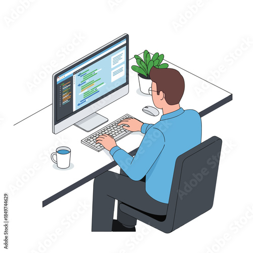 Professional software developer working on programming and coding projects in a modern workspace