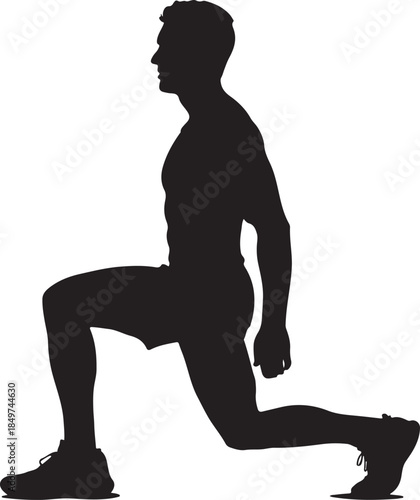 Side View Silhouette of a Muscular Man Doing Lunge Exercises Isolated on White
