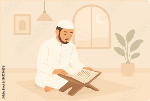 Muslim man reading Holy Quran sitting on floor at home at night vector illustration