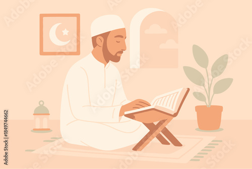 Muslim man reading Quran on wooden stand at home during Ramadan vector illustration