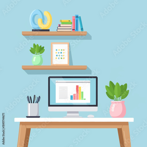 modern workspace with digital tools and decorative elements for productive work environment