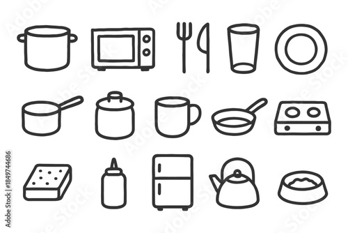 Hand-drawn kitchen utensils and appliances collection.