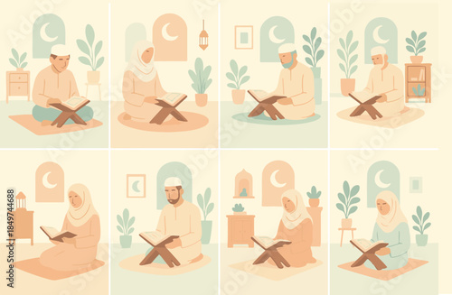Muslim men and women reading Holy Quran collection vector illustration set