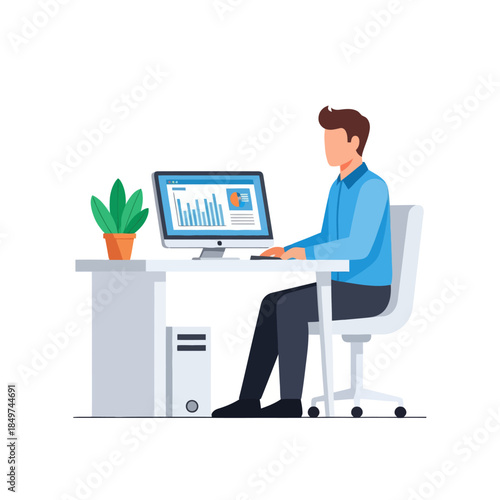 Professional man analyzing data on computer with graphs financial metrics and reports at office desk