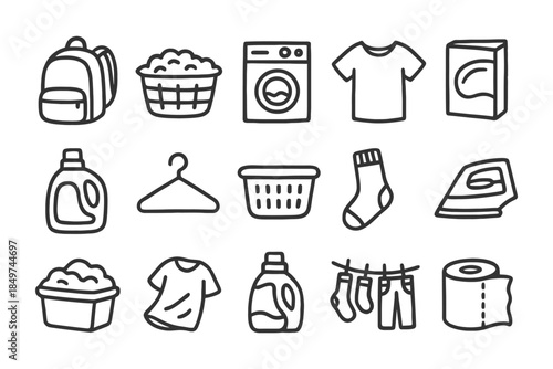 Hand-drawn laundry essentials: washing machine, detergent, clothing, hanger, basket, iron.