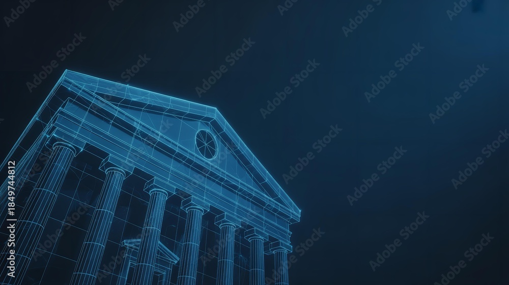 Naklejka premium Detailed wireframe rendering showcases an architectural building, rendered with glowing blue neon columns and building features against dark blue background