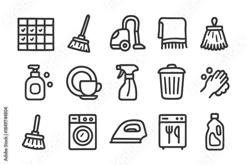 Household cleaning icons set with tasks and supplies.