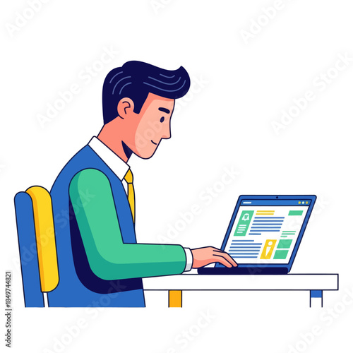 Young professional man working diligently on a laptop at a modern workspace, focusing on digital