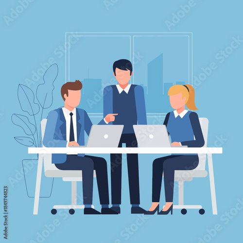 professional business meeting with three colleagues discussing strategies in a modern office