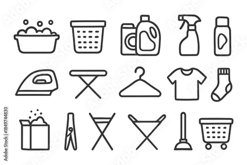 Laundry and cleaning essentials icons set with detergent, iron, soap, and hanger.