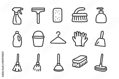 Outline icons of cleaning tools and supplies for housekeeping and maintenance.