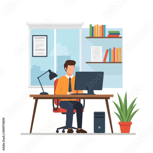 Modern office workspace with young professional working at desk with computer and houseplant